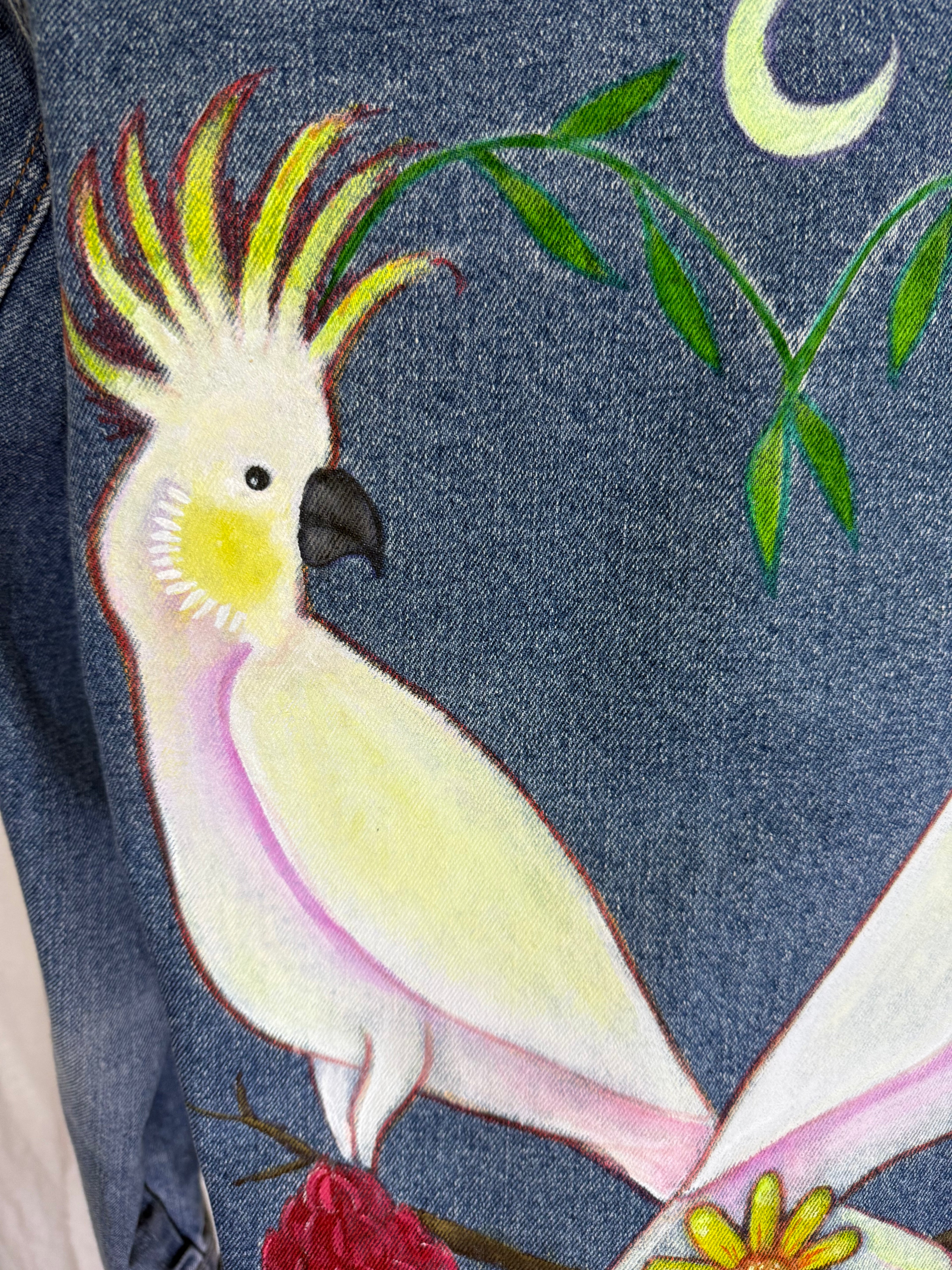 Sulphur Crested Cockatoo Hand Painted Denim Jacket