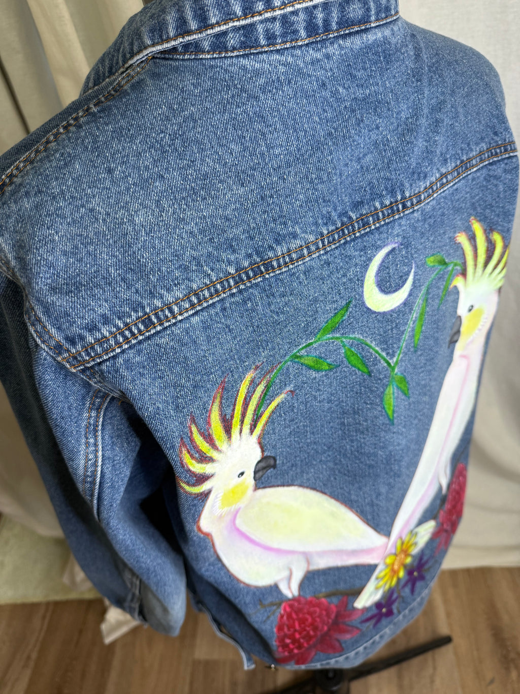 Sulphur Crested Cockatoo Hand Painted Denim Jacket