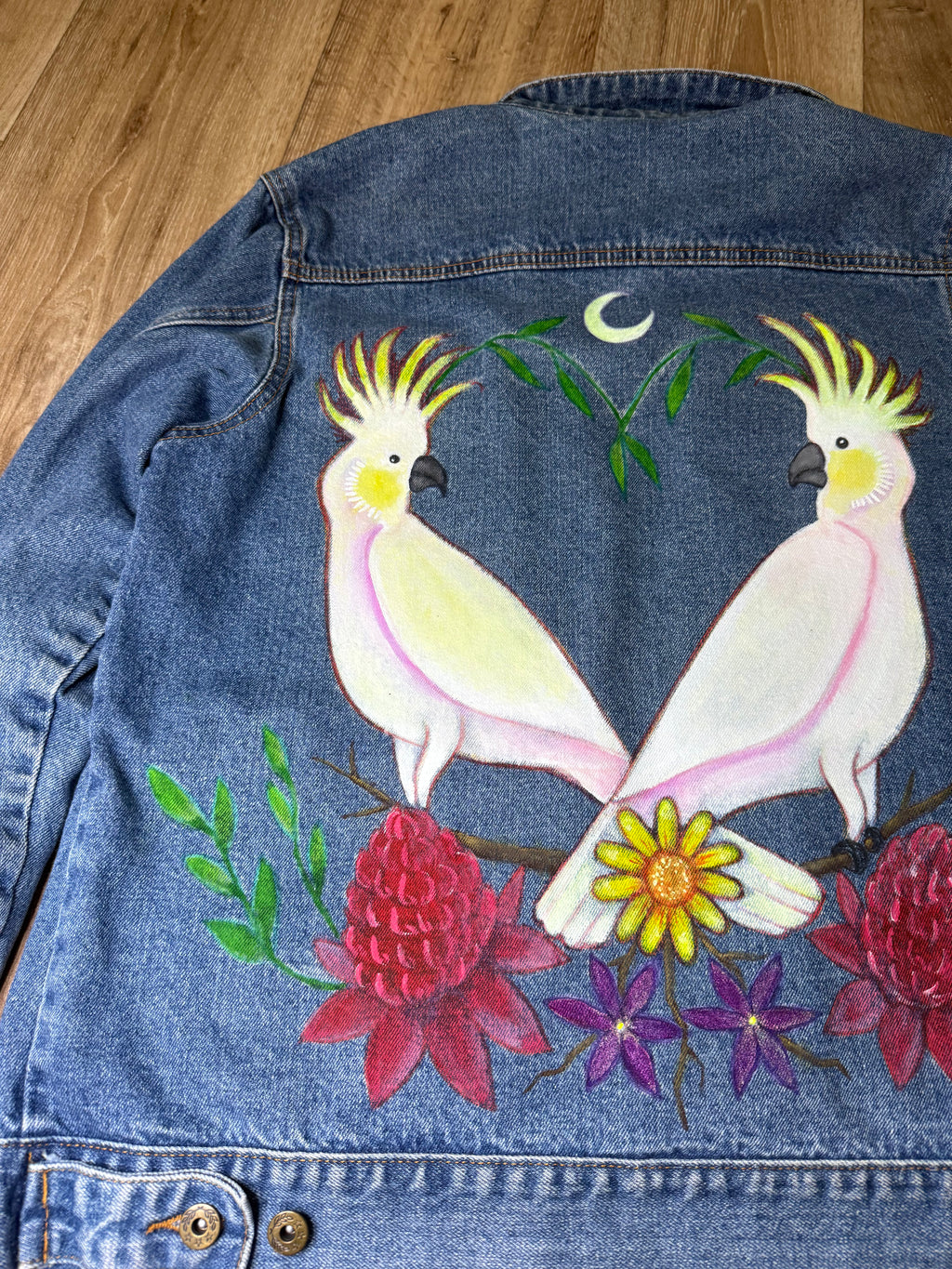 Sulphur Crested Cockatoo Hand Painted Denim Jacket