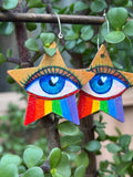 Rainbow Eye Star Earrings - Blue - 925 Sterling Silver Hoops
