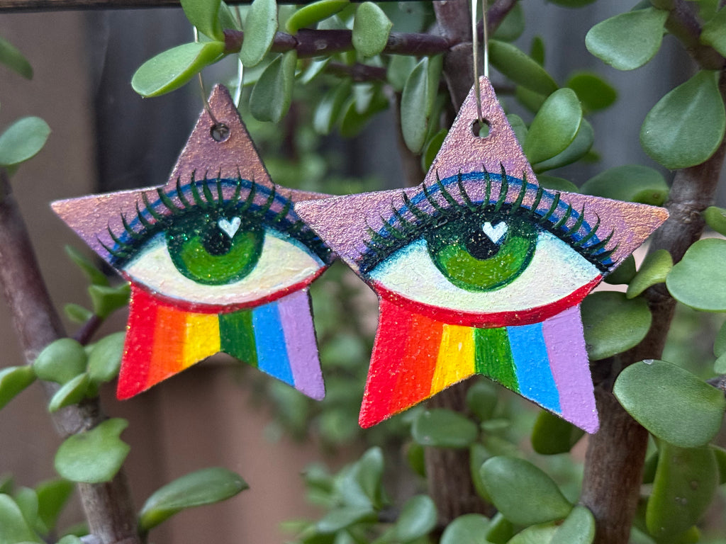 Rainbow Eye Star Earrings - Green - 925 Sterling Silver Hoops