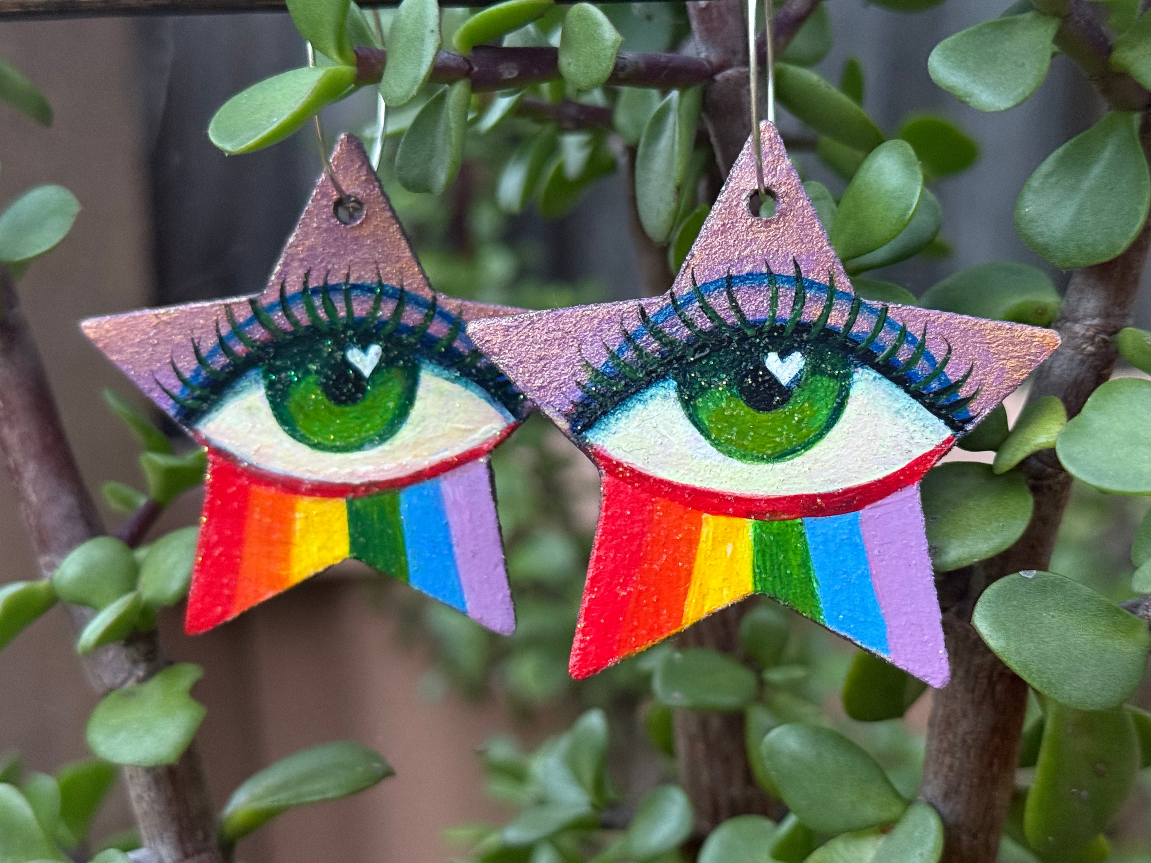 Rainbow Eye Star Earrings - Green - 925 Sterling Silver Hoops
