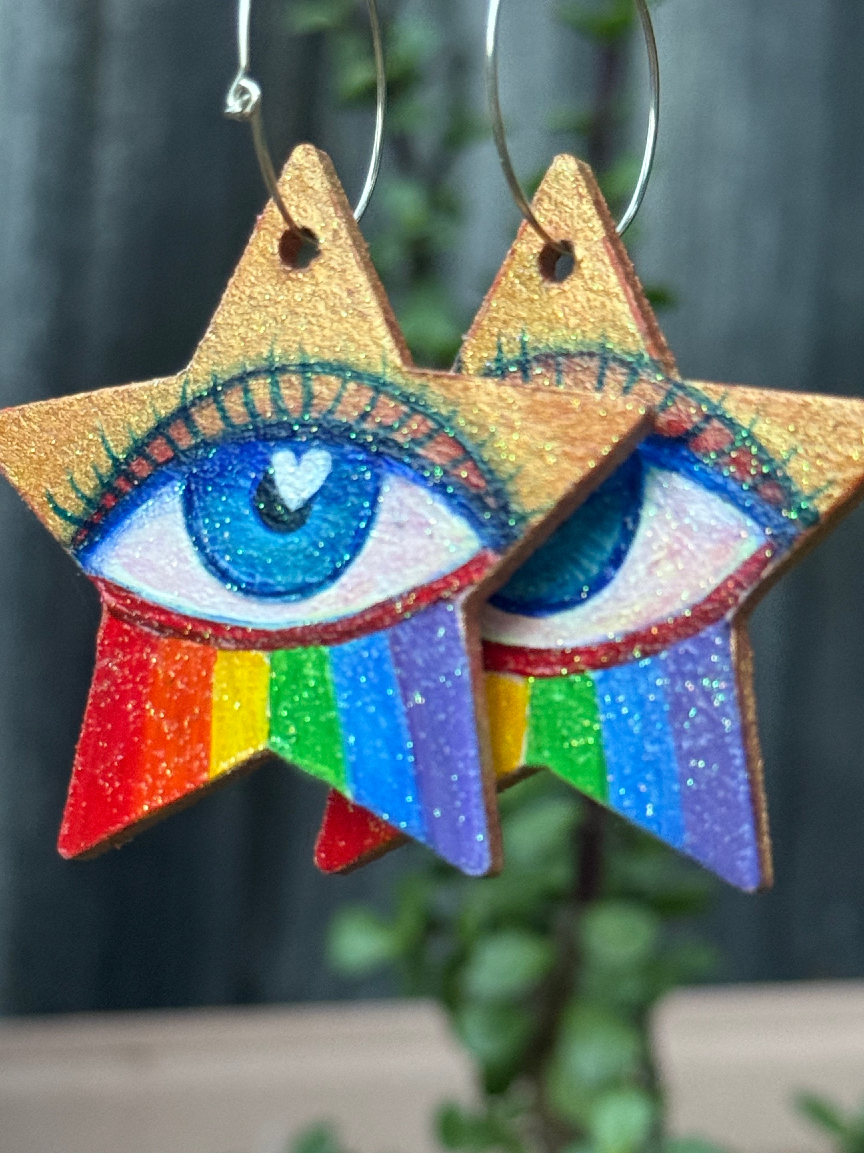 Rainbow Eye Star Earrings - Blue - 925 Sterling Silver Hoops