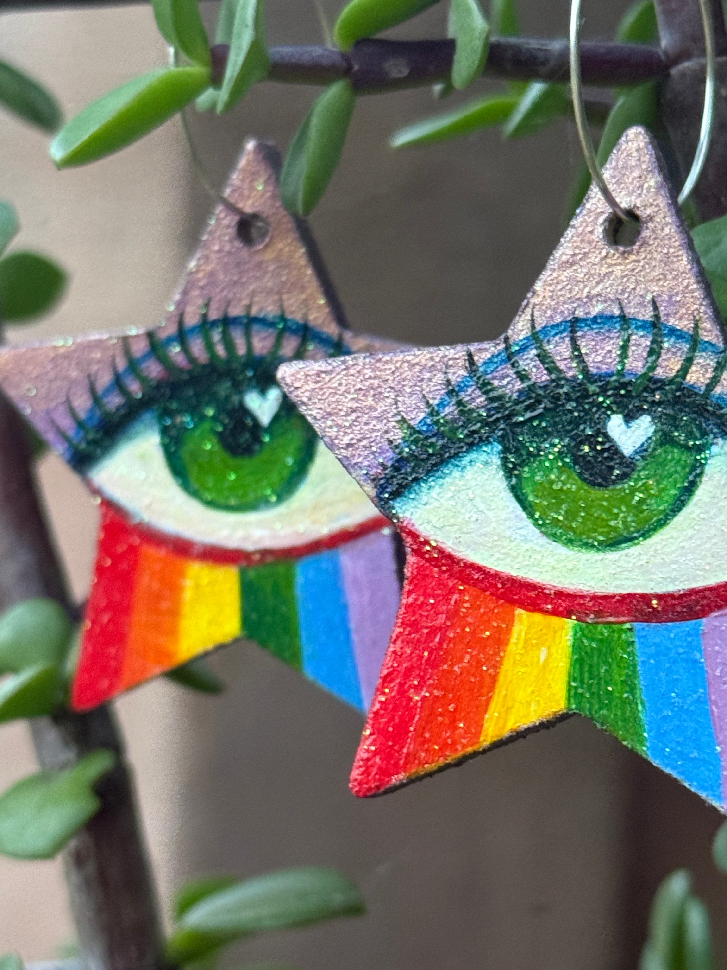 Rainbow Eye Star Earrings - Green - 925 Sterling Silver Hoops